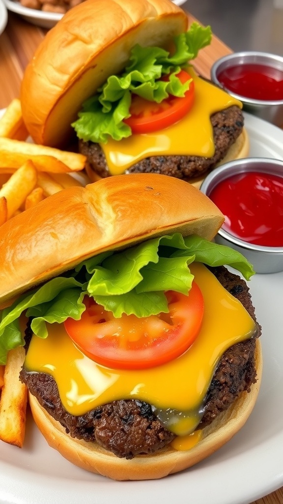 Juicy hamburgers with cheese, lettuce, and tomato on toasted buns, served with fries and ketchup.